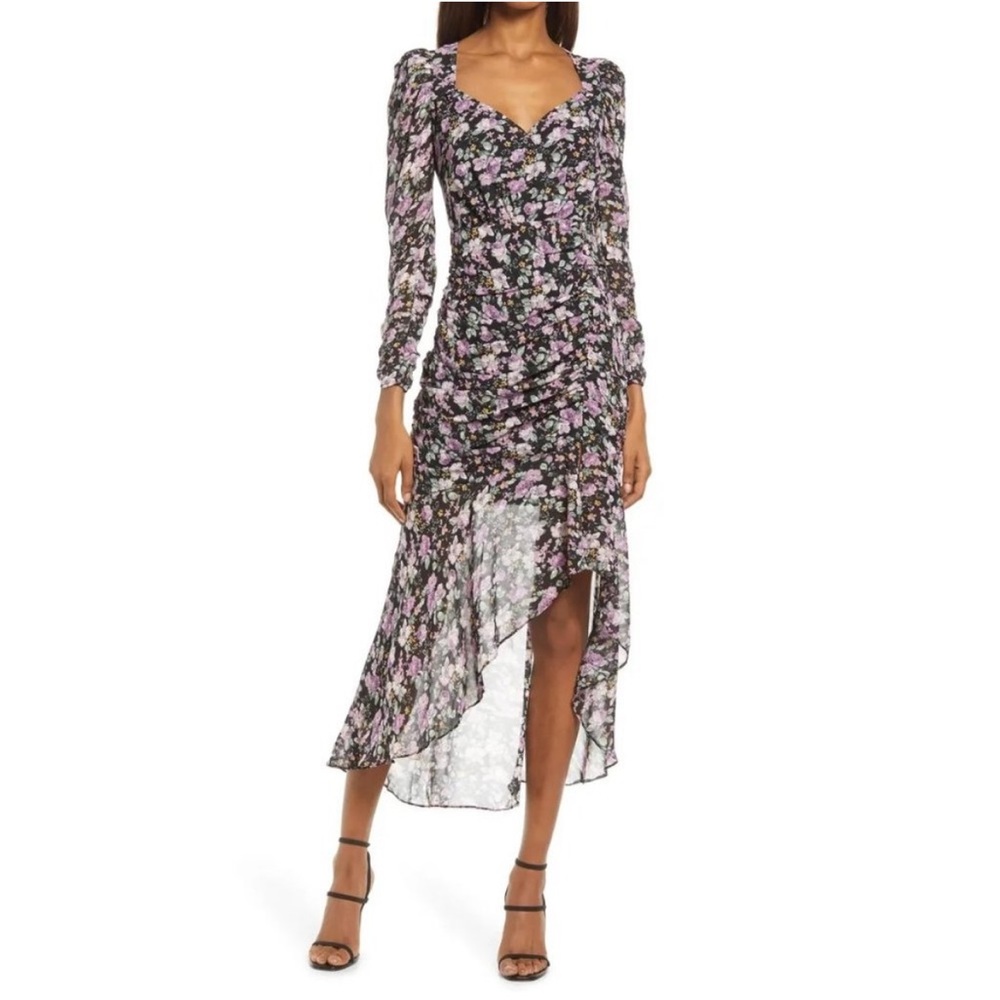 Floret Studios Ruched Long Sleeve Dress Black Floral